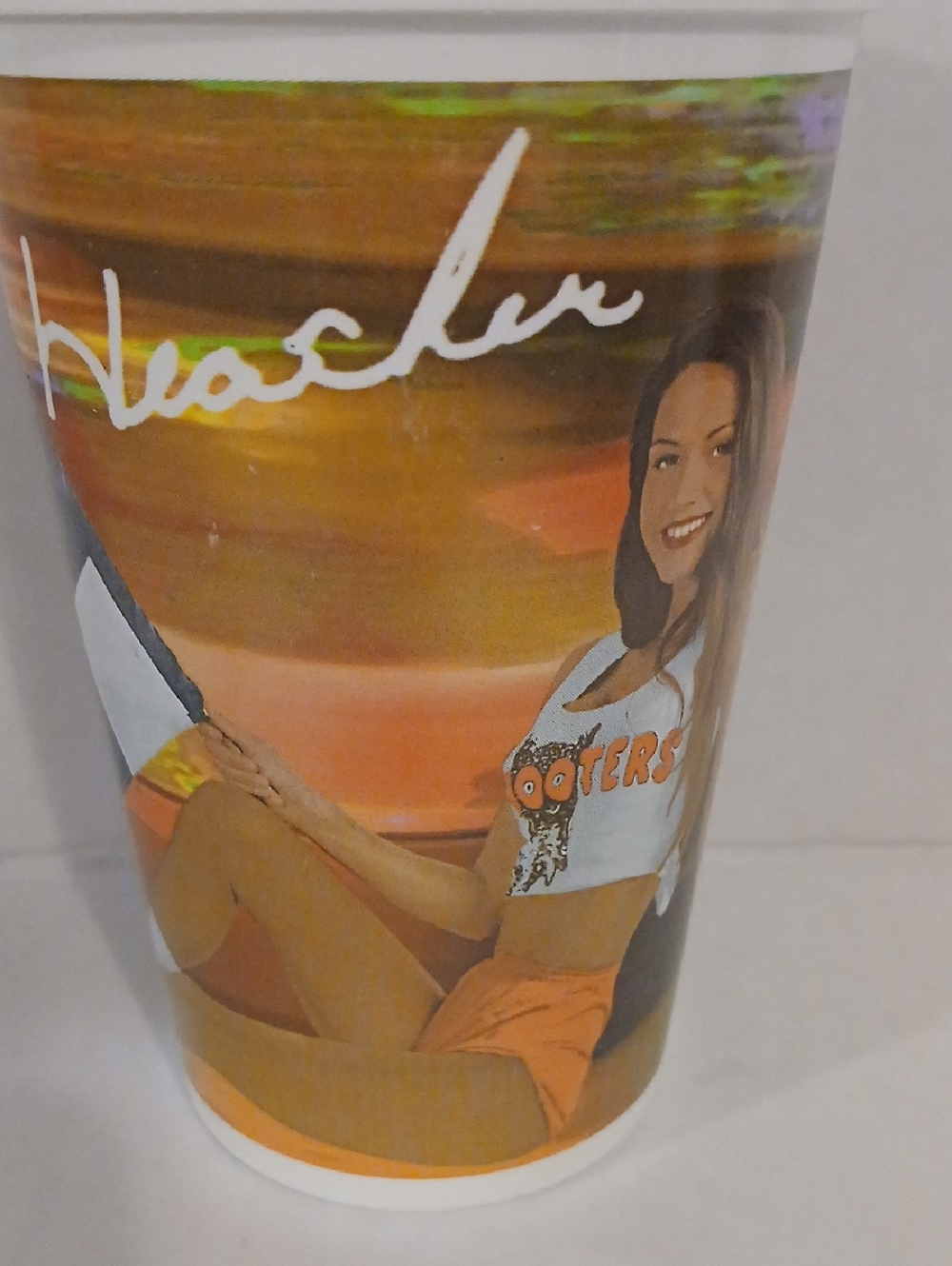 Hooters Cup with Orange, White and Brown Graphics